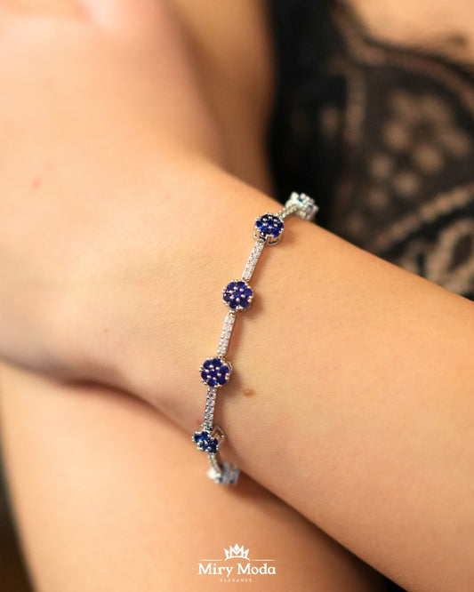 Bracciale Tennis Silver con Fiori Blu Notte