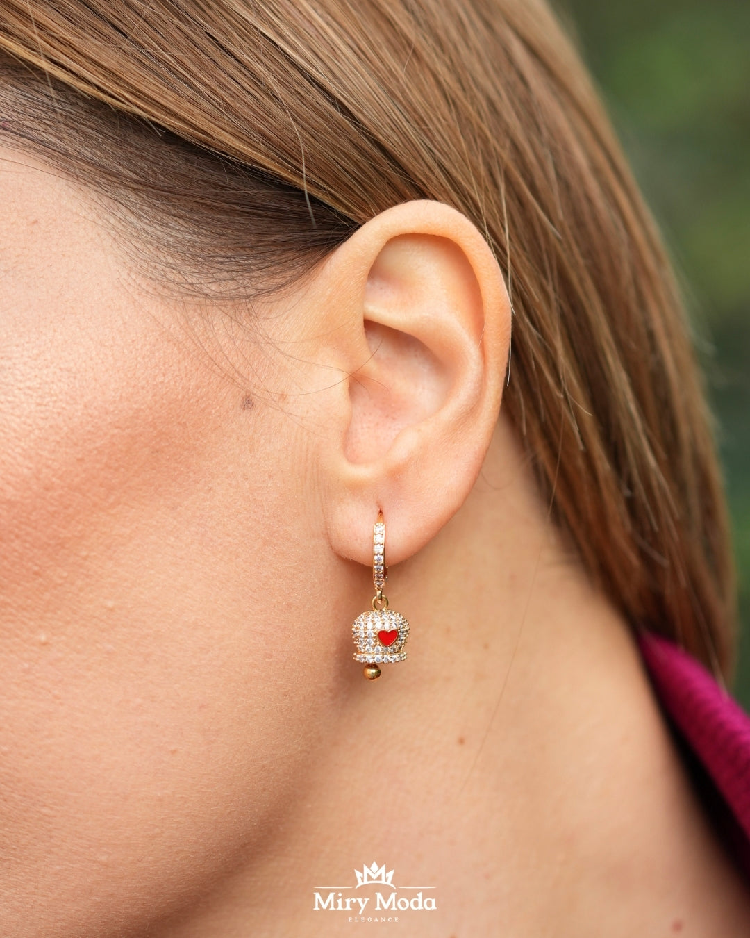 Set Campanelle Porta Fortuna Gold con Strass e Cuoricini Rossi